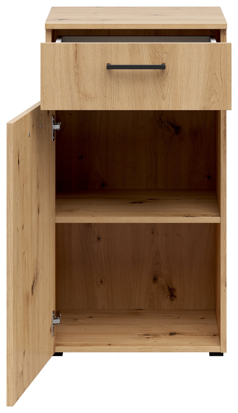 Kommode aus Holz mit einer offenen Tür und einer geöffneten Schublade, Frontalansicht