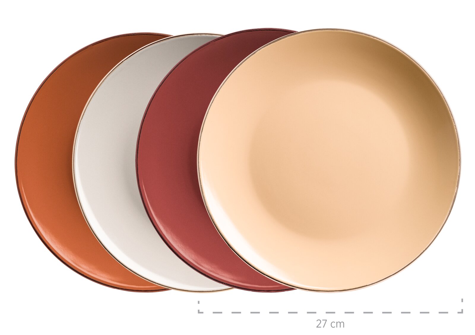 Vier runde Speiseteller in unterschiedlichen Farben (Orange, Weiß, Rot und Beige) überlappend auf weißem Hintergrund, Draufsicht von oben; Durchmesser ca. 27 cm