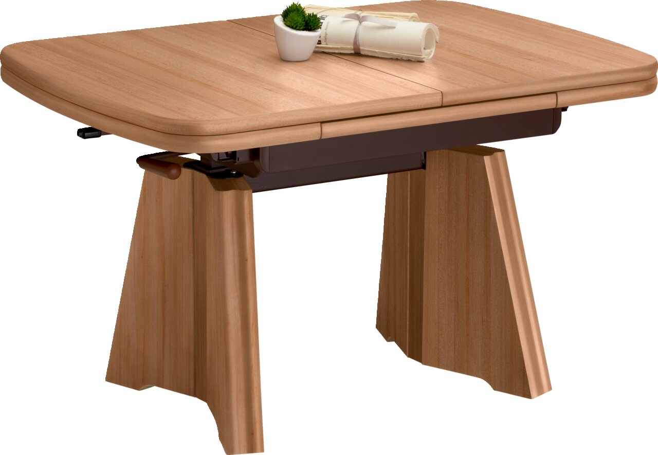Moderner Couchtisch aus Holz mit rechteckiger Tischplatte und stabilen Beinen, seitliche Perspektive
