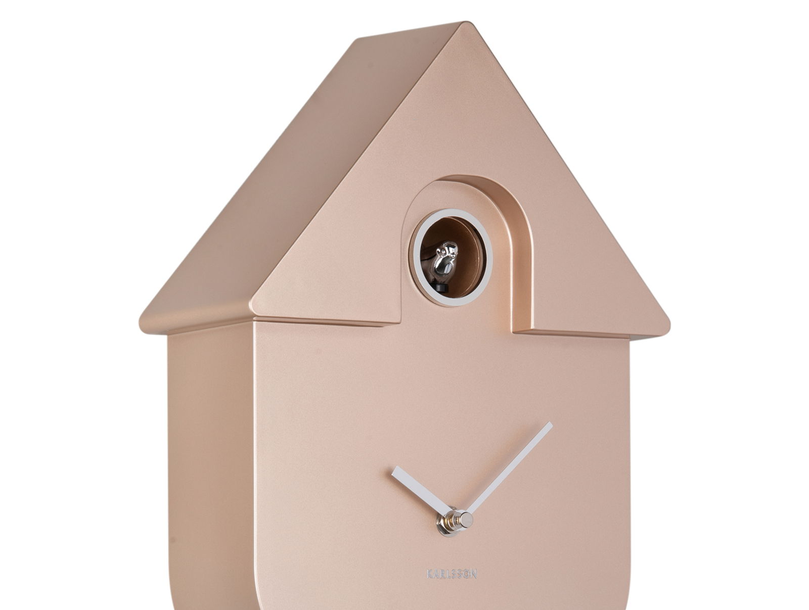 Moderne Wanduhr in Form eines minimalistischen Kuckucksuhrenhauses, seitliche Perspektive, mit einem kleinen Vogel im oberen Bereich und schlichten weißen Zeigern auf einem goldenen Gehäuse.