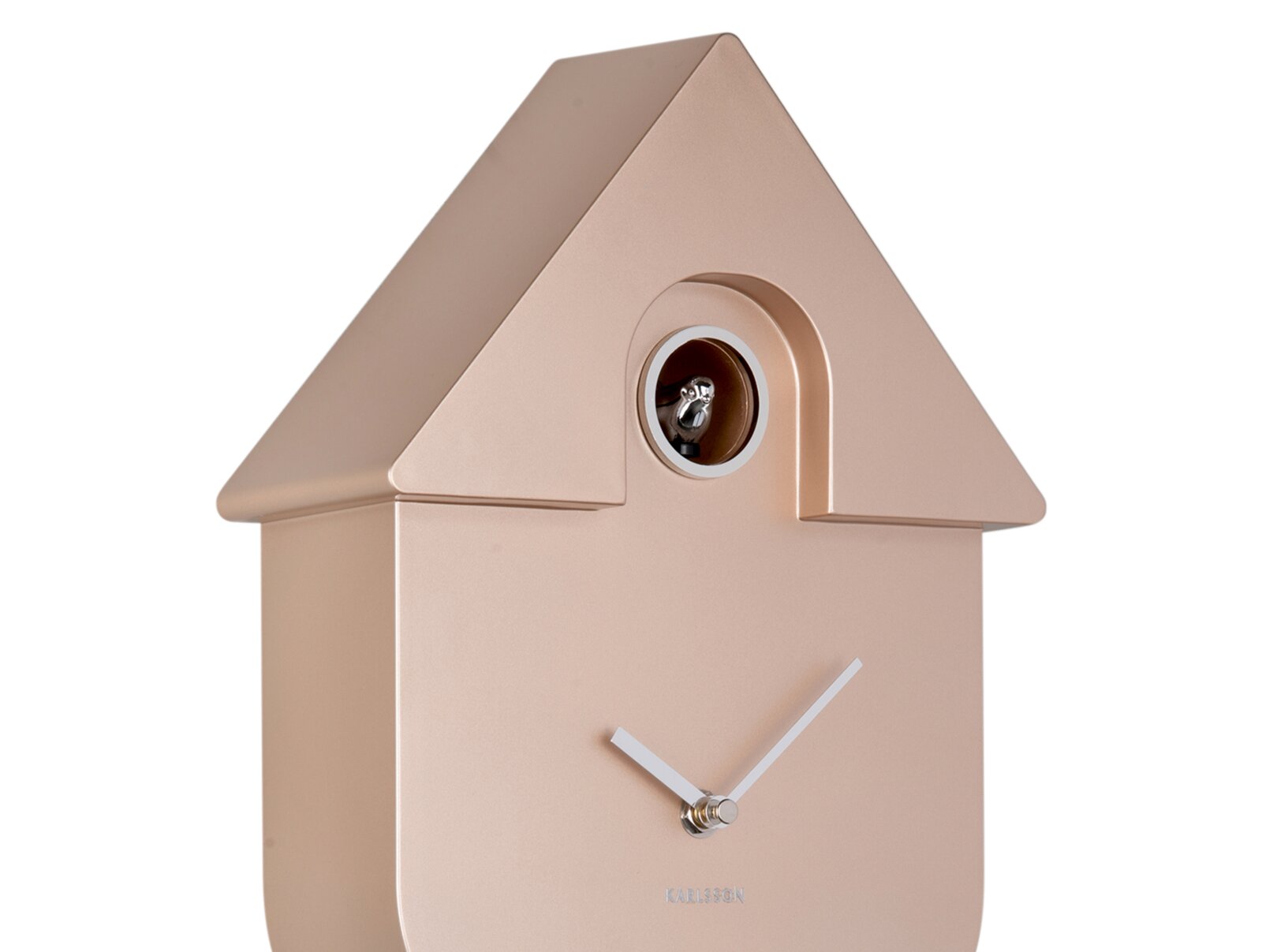 Moderne wandklok in de vorm van een minimalistisch koekoeksklokhuisje, gezien vanaf de zijkant, met een klein vogeltje bovenaan en eenvoudige witte wijzers op een gouden wijzerplaat.