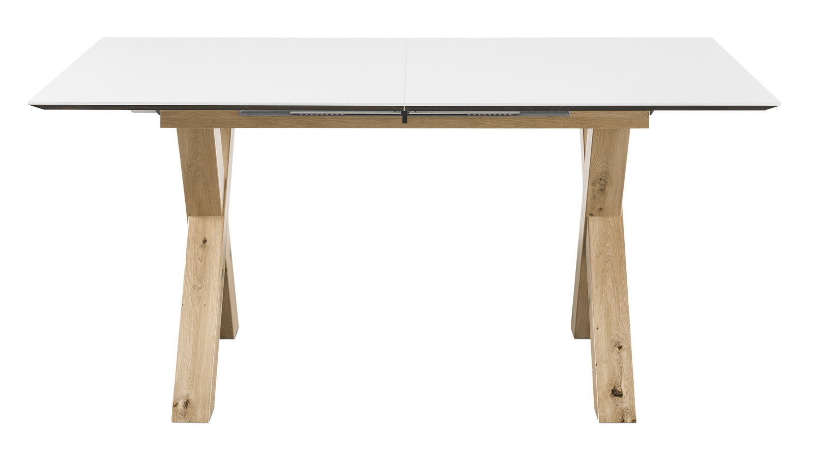 Moderner Esstisch mit weißer Tischplatte und Holzbeinen, Frontalansicht