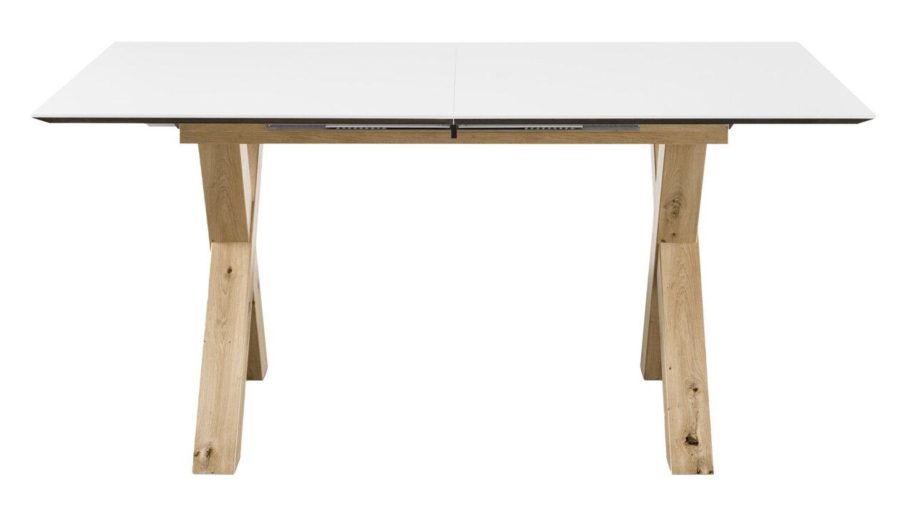 Moderner Esstisch mit weißer Tischplatte und Holzbeinen, Frontalansicht