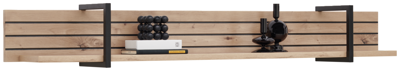 Wandboard aus Holz mit schwarzen Metallakzenten, dekoriert mit Büchern und schwarzen Dekorationsobjekten, seitliche Perspektive