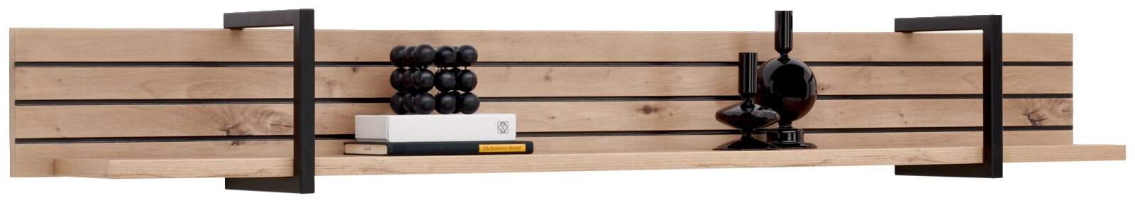 Wandboard aus Holz mit schwarzen Metallakzenten, dekoriert mit Büchern und schwarzen Dekorationsobjekten, seitliche Perspektive