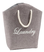 Grauer Wäschesack mit der Aufschrift 'Laundry' und weißen Seilgriffen, Vorderansicht