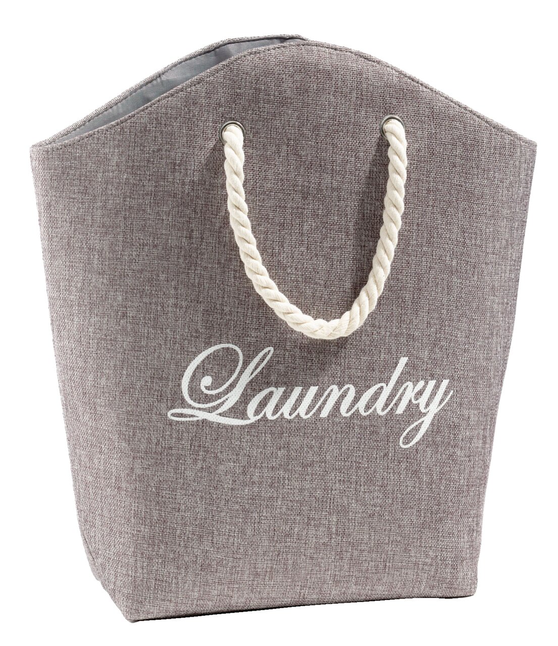 Grijze waszak met het opschrift 'Laundry' en witte touwhandvatten, vooraanzicht