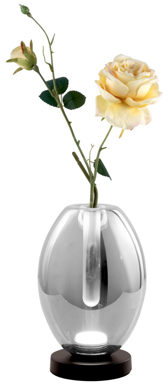 Fabas Luce LED-Glasvasenleuchte TULLY LED-Glasvasenleuchte mit gelber Rose, seitliche Perspektive