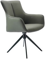 Moderner Armlehnstuhl mit grauem Lederbezug und schwarzem Metallgestell, seitliche Perspektive