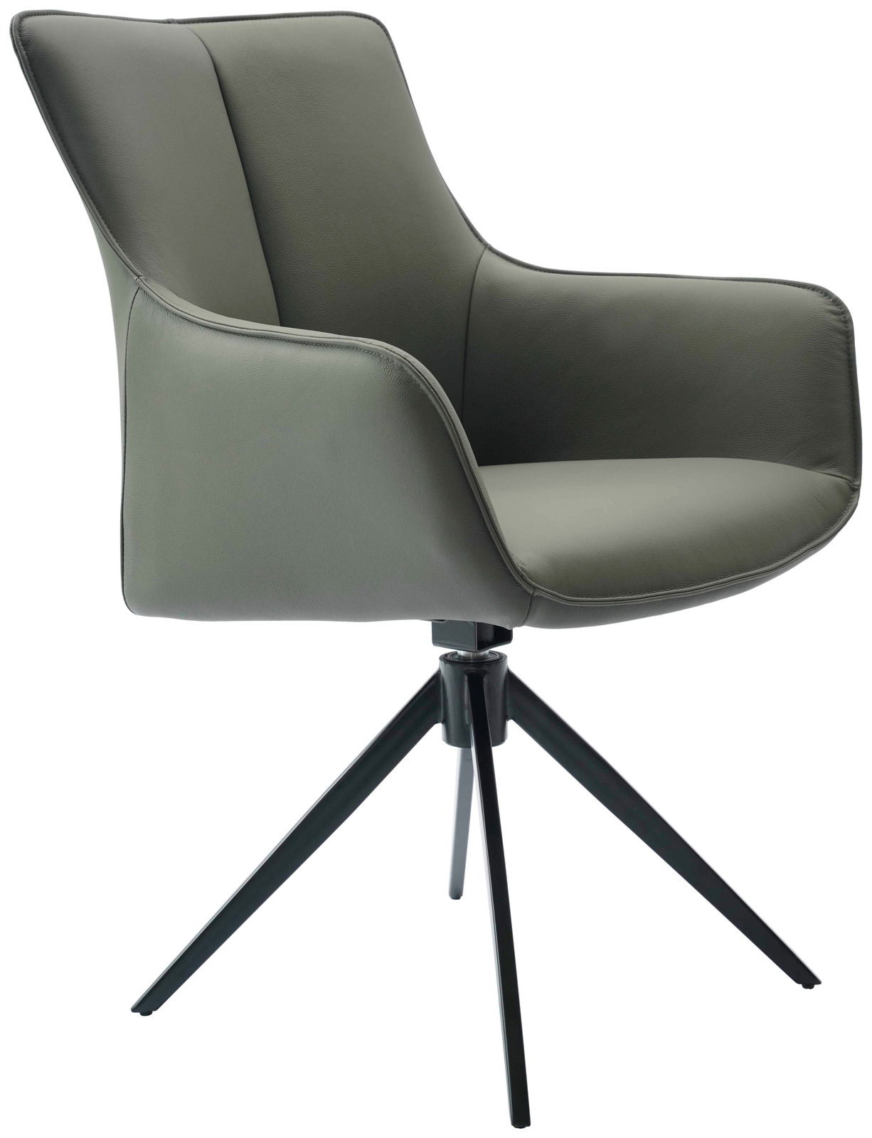 Novel Armlehnstuhl YUKI Moderner Armlehnstuhl mit grauem Lederbezug und schwarzem Metallgestell, seitliche Perspektive