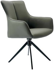 Moderner Armlehnstuhl mit grauem Lederbezug und schwarzem Metallgestell, seitliche Perspektive