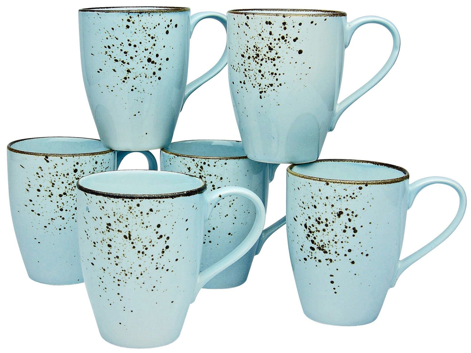 Creatable Kaffeebecher 6-tlg NATURE COLLECTION Sechs hellblaue, gesprenkelte Keramik-Kaffeetassen mit Henkel im Set, freigestellt auf weißem Hintergrund, schräg von vorne in leicht erhöhter Perspektive gezeigt