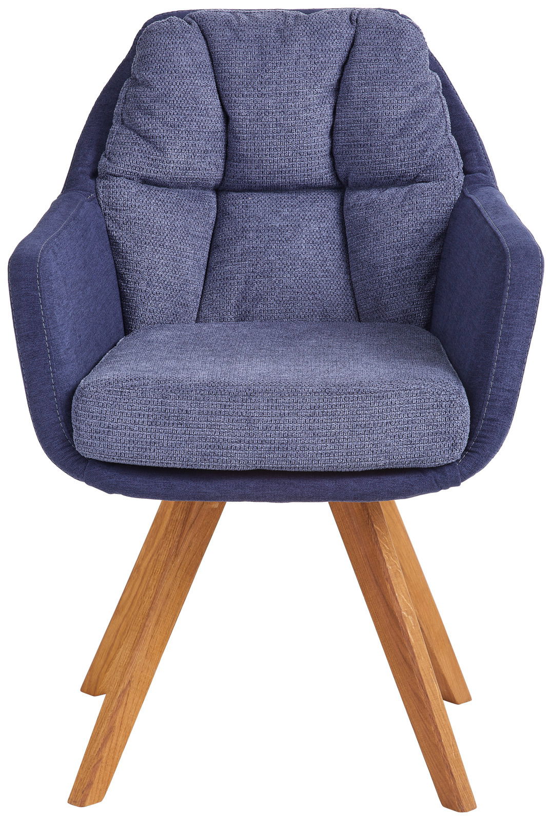 Moderner blauer Sessel mit Holzbeinen, Frontalansicht