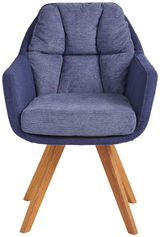 Moderner blauer Sessel mit Holzbeinen, Frontalansicht