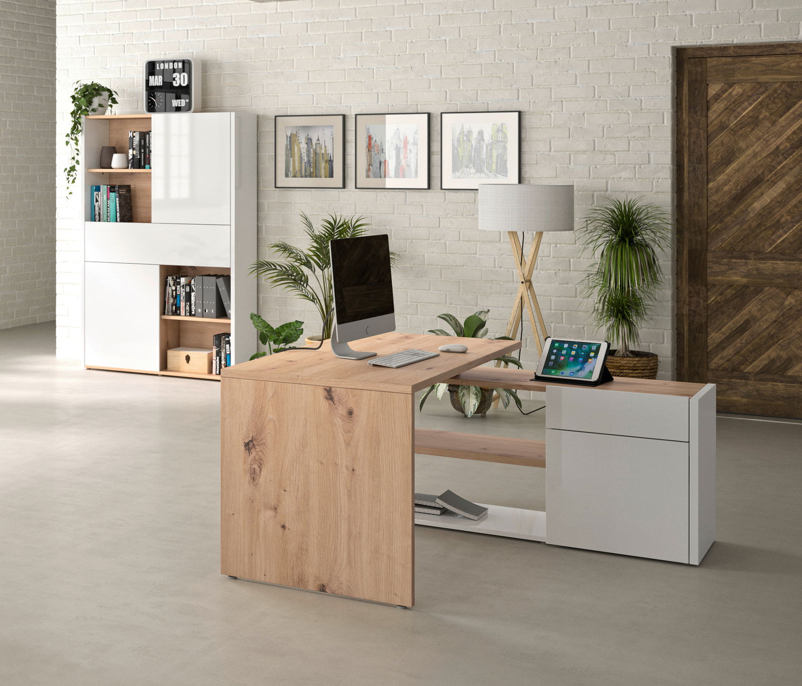 Moderner Eck-Schreibtisch aus Holz und Weiß mit integriertem Regal, seitlicher Perspektive