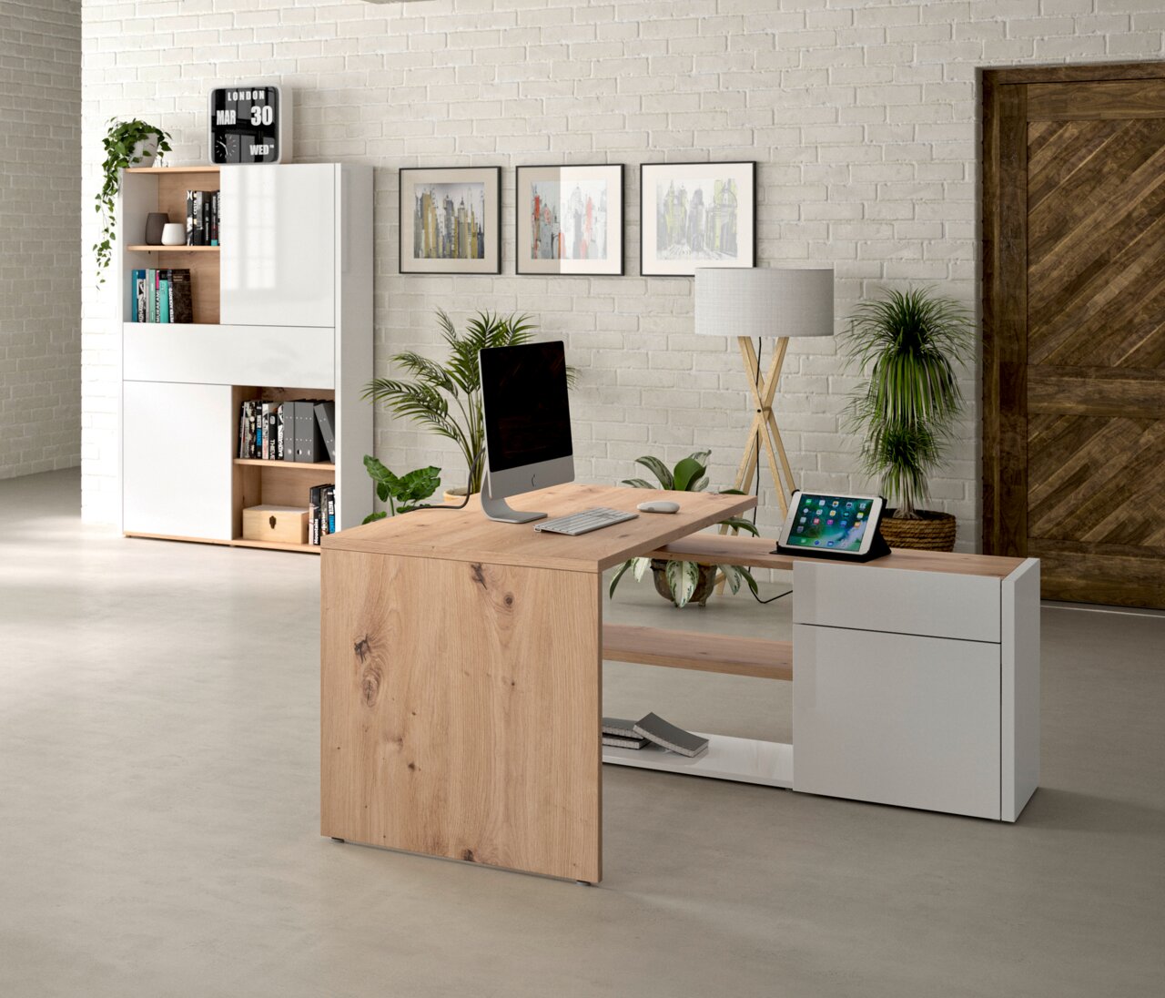 Moderner Eck-Schreibtisch aus Holz und Weiß mit integriertem Regal, seitlicher Perspektive