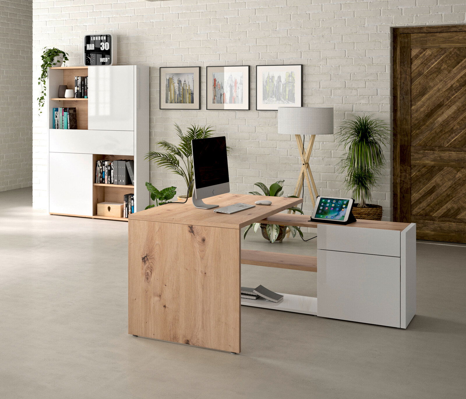 Moderner Eck-Schreibtisch aus Holz und Weiß mit integriertem Regal, seitlicher Perspektive