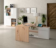 Moderner Eck-Schreibtisch aus Holz und Weiß mit integriertem Regal, seitlicher Perspektive