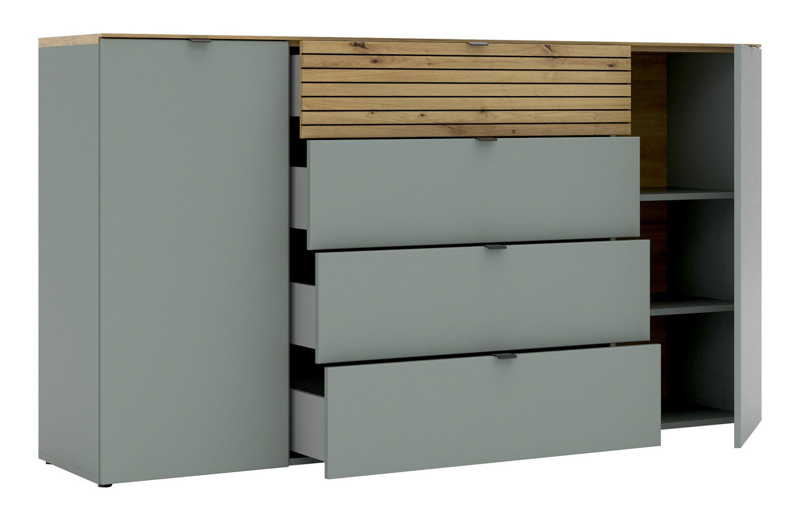 Frontansicht eines modernen Sideboards mit grauen Türen und Schubladen, sowie einer Holzplatte und Holzdetails.