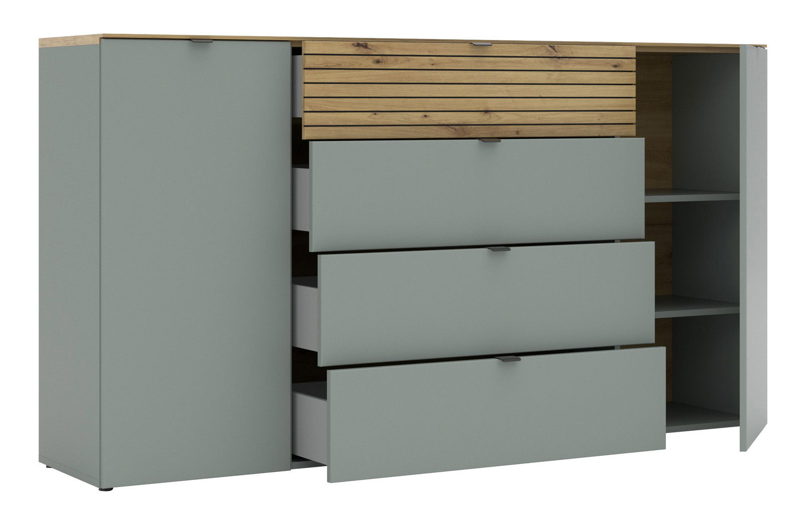 Frontansicht eines modernen Sideboards mit grauen Türen und Schubladen, sowie einer Holzplatte und Holzdetails.