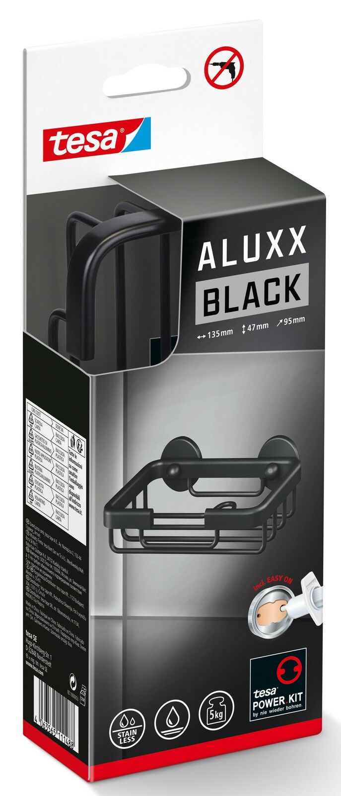 Verpackung der tesa ALUXX Black Seifenschale, schwarze Seifenschale mit einfachem Montagesystem, seitliche Perspektive