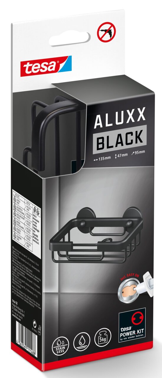 Verpackung der tesa ALUXX Black Seifenschale, schwarze Seifenschale mit einfachem Montagesystem, seitliche Perspektive