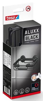 Verpackung der tesa ALUXX Black Seifenschale, schwarze Seifenschale mit einfachem Montagesystem, seitliche Perspektive