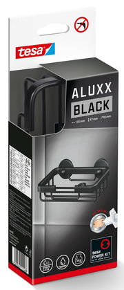 Verpackung der tesa ALUXX Black Seifenschale, schwarze Seifenschale mit einfachem Montagesystem, seitliche Perspektive