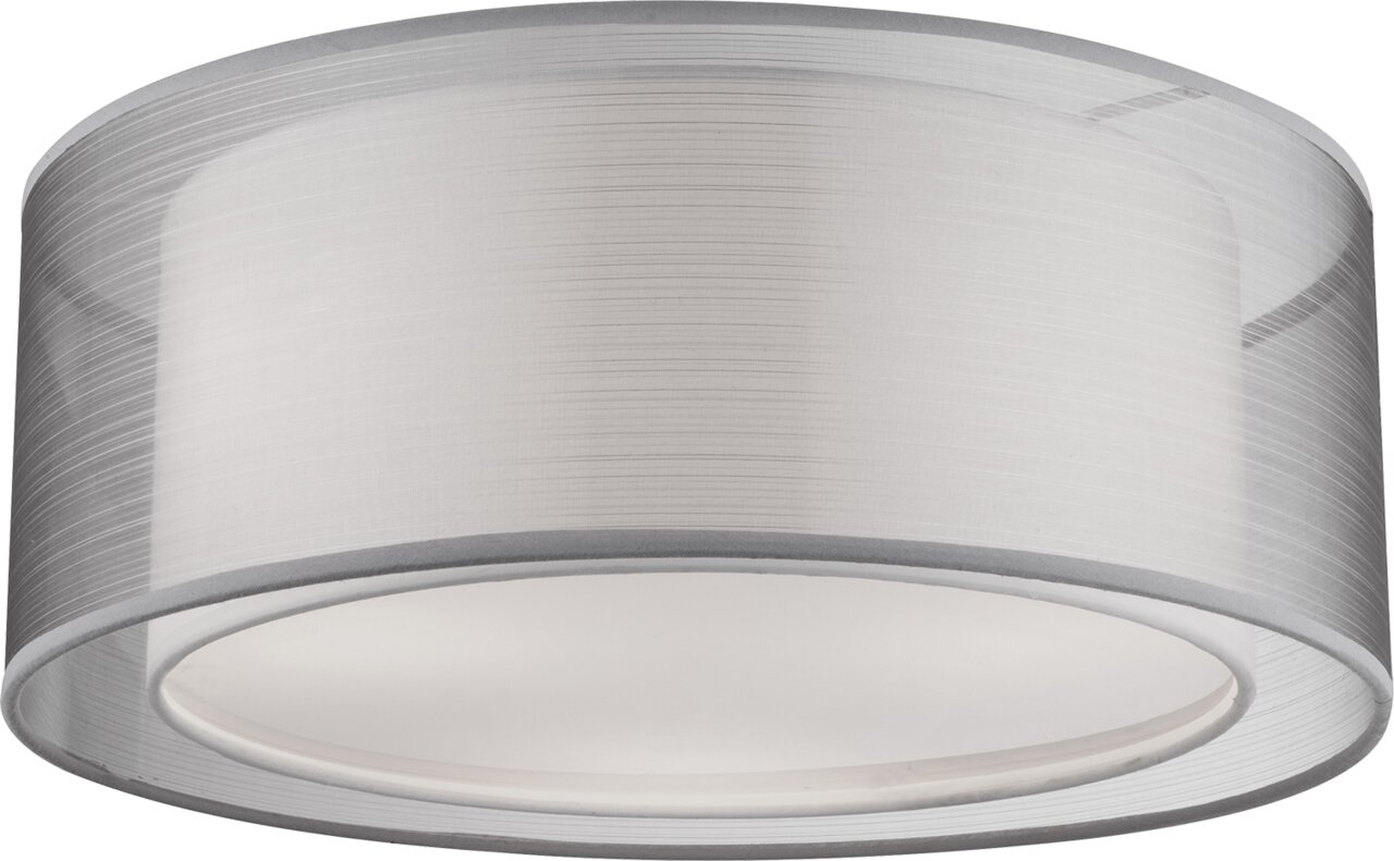Moderne Deckenleuchte mit zylindrischem, halbtransparentem Schirm, seitliche Perspektive