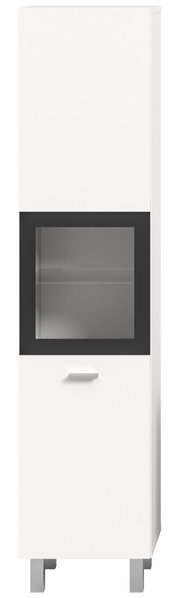 Frontansicht eines weißen Badschranks mit schwarzem Glaseinsatz und silbernem Griff, Modell MID.YOU Badschrank BOSTON.