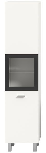 Frontansicht eines weißen Badschranks mit schwarzem Glaseinsatz und silbernem Griff, Modell MID.YOU Badschrank BOSTON.