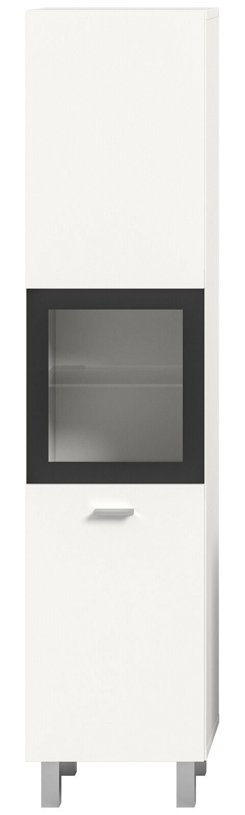 Frontansicht eines weißen Badschranks mit schwarzem Glaseinsatz und silbernem Griff, Modell MID.YOU Badschrank BOSTON.