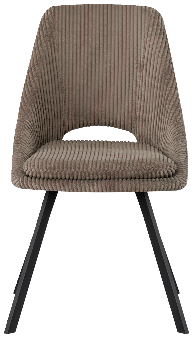 Moderner Stuhl mit geripptem Stoffbezug und schwarzen Metallbeinen, Frontalansicht
