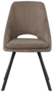 Moderner Stuhl mit geripptem Stoffbezug und schwarzen Metallbeinen, Frontalansicht