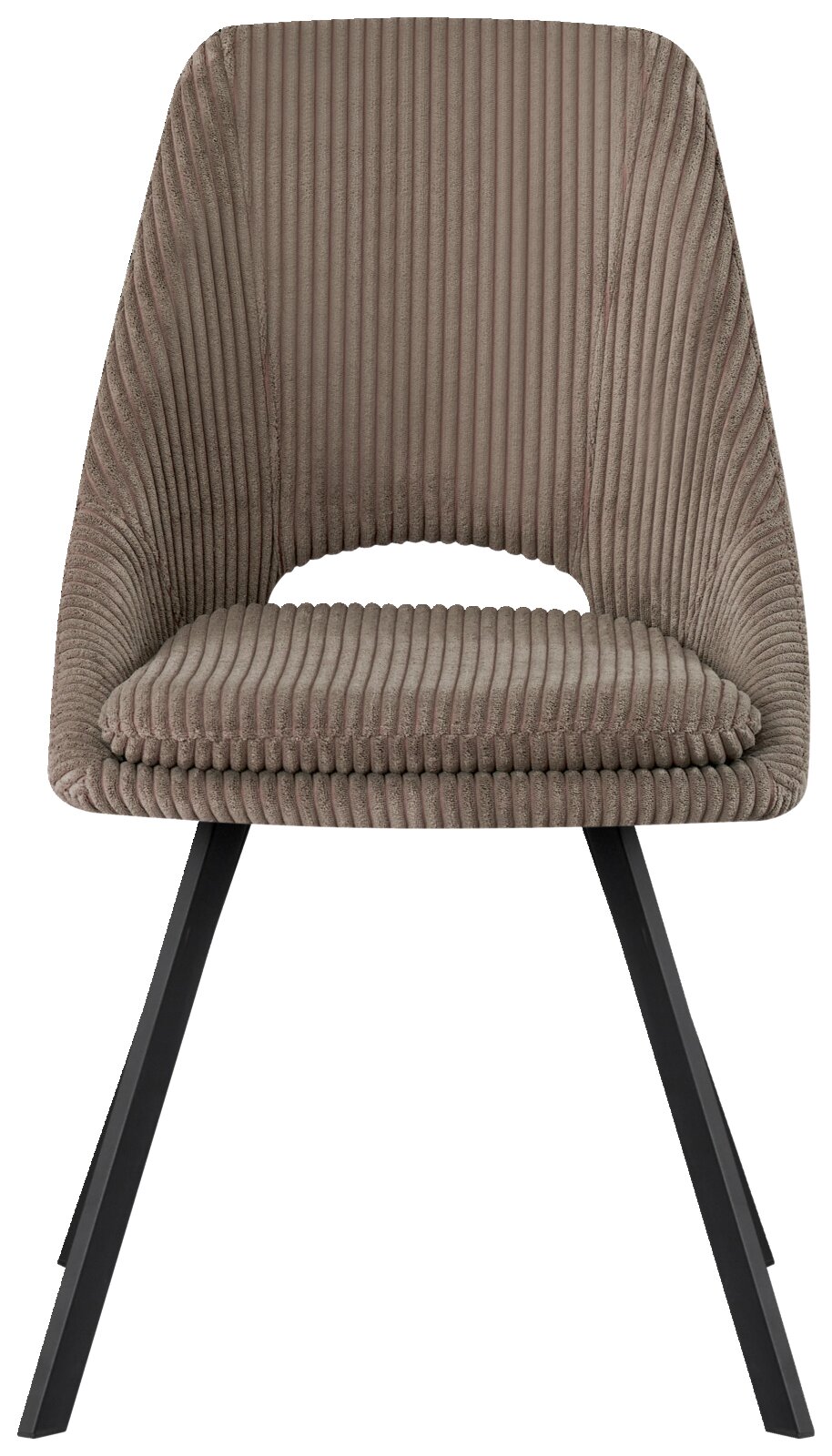 Moderner Stuhl mit geripptem Stoffbezug und schwarzen Metallbeinen, Frontalansicht