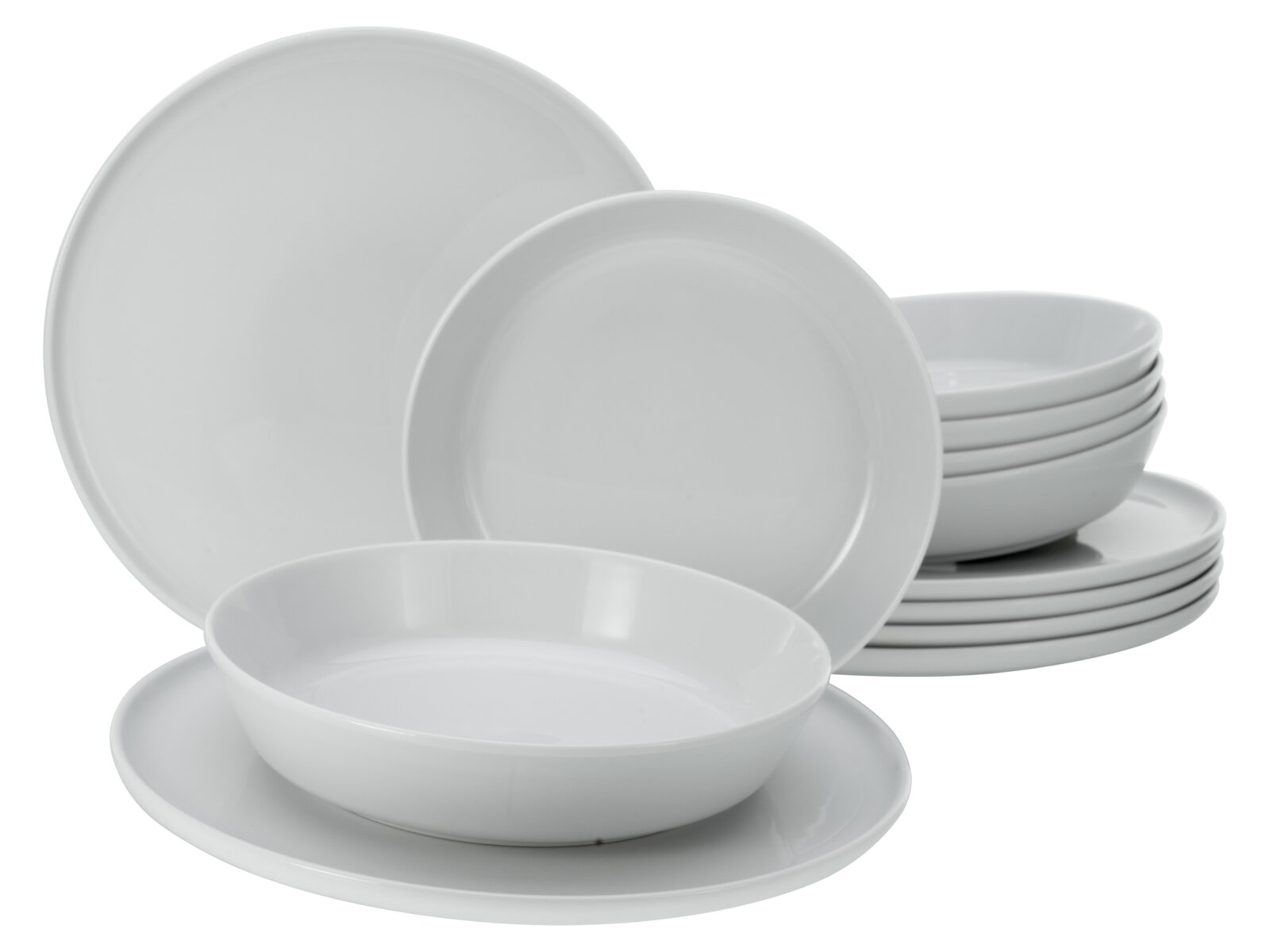 Creatable Tafelservice 12-tlg CHEF COLLECTION Weißes, minimalistisches Geschirrset aus Porzellan mit Tellern und Schalen, schräg von vorne in Studioansicht fotografiert