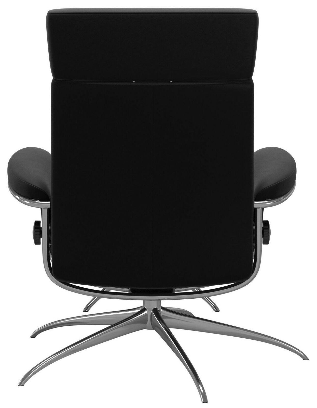 Rückansicht eines schwarzen Einzelsessels mit Kopfstütze und verchromtem Drehfuß