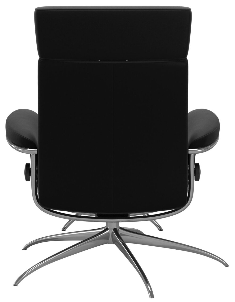 Achterkant van een zwarte fauteuil met hoofdsteun en verchroomde draaivoet