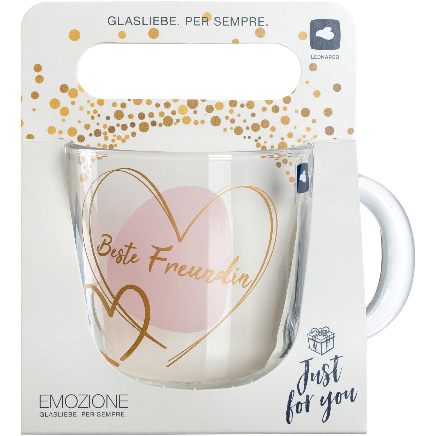 Glas-Tasse mit der Aufschrift 'Beste Freundin' in einem goldenen Herzdesign, frontal präsentiert.