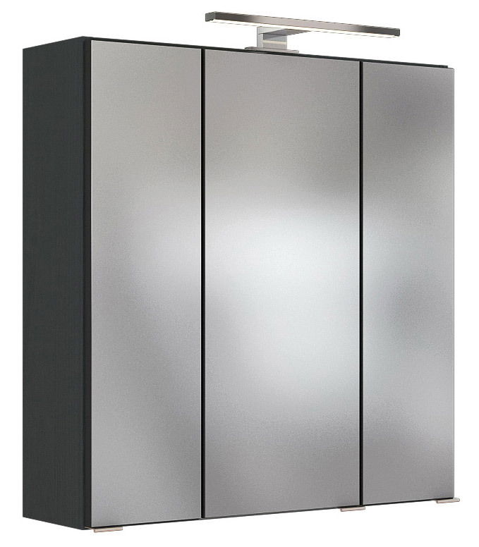 Moderner Spiegelschrank mit drei Türen und integrierter Beleuchtung, seitliche Perspektive