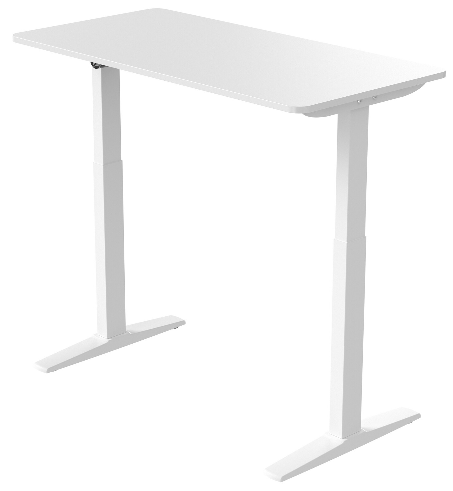 Weißer höhenverstellbarer E-Schreibtisch aus seitlicher Perspektive