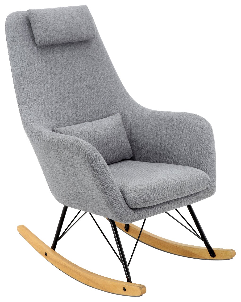 Grauer Stillstuhl mit Kopfstütze und Kissen, seitliche Perspektive