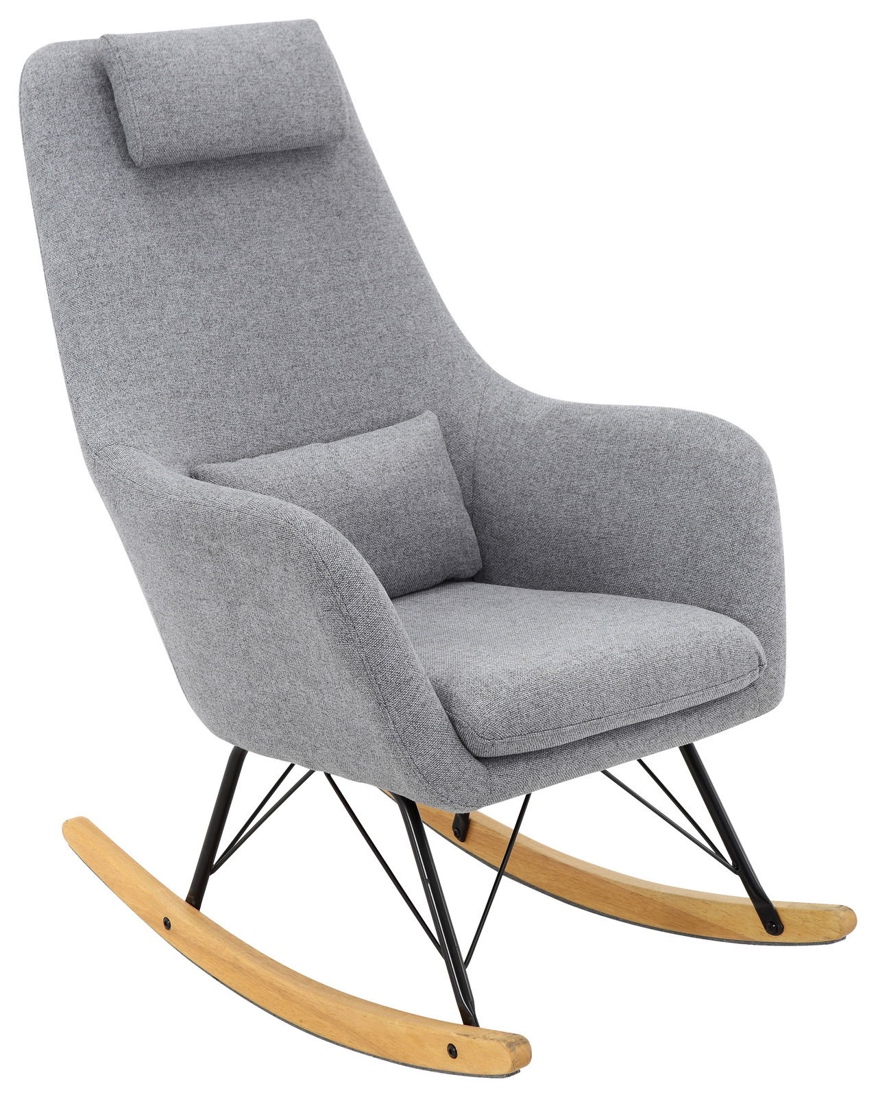 Grauer Stillstuhl mit Kopfstütze und Kissen, seitliche Perspektive