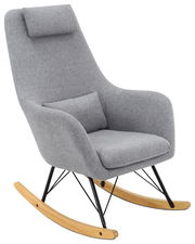 Grauer Stillstuhl mit Kopfstütze und Kissen, seitliche Perspektive