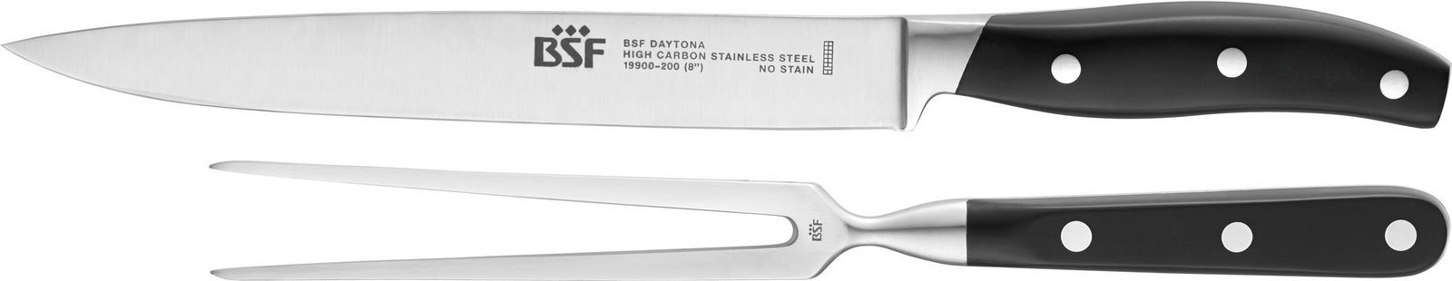 Tranchierbesteck bestehend aus einem Messer und einer Gabel aus Edelstahl mit schwarzen Griffen, seitliche Ansicht