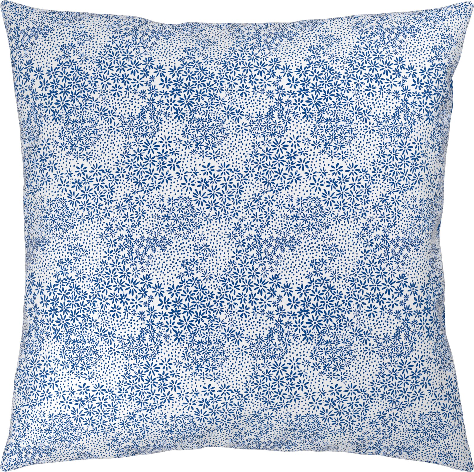 Quadratischer Kissenbezug in Weiß mit blauem, dichtem Blumen- und Punktmuster, Frontansicht