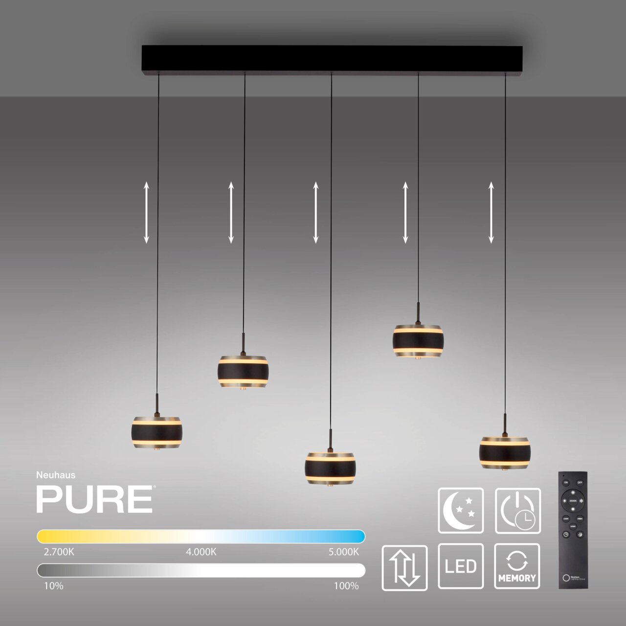 Moderne LED-Pendelleuchte mit fünf höhenverstellbaren Lampenschirmen, seitliche Perspektive.