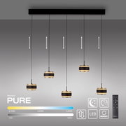 Moderne LED-hanglamp met vijf in hoogte verstelbare lampenkappen, zijaanzicht.