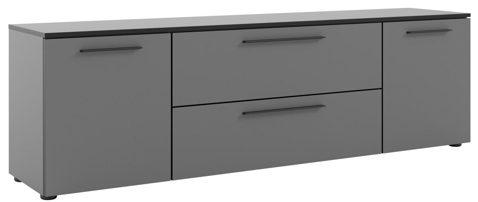 Graues TV-Lowboard mit zwei Türen und zwei Schubladen, seitliche Perspektive