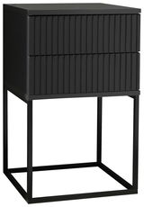 Moderne schwarze Nachtkommode mit zwei Schubladen und einem Metallrahmen, seitliche Perspektive